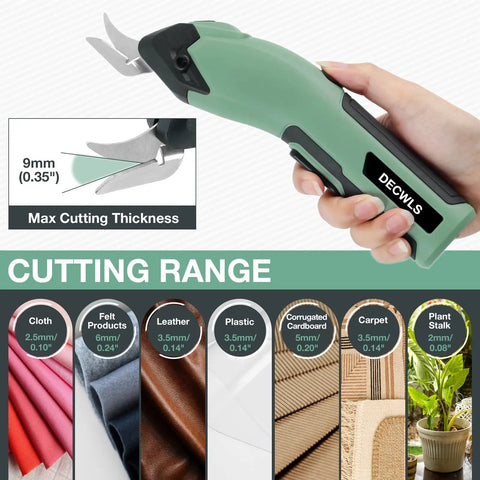Lightweight Cordless 4V Electric Shears That Slice Fabric And Cardboard Like Butter ergonomic grip showing max cutting thickness of 9mm