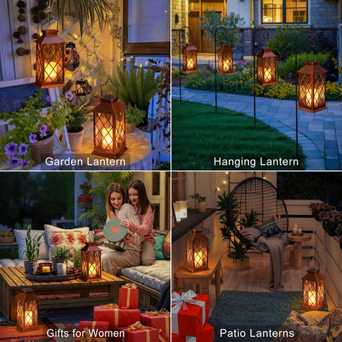 10 Inch Solar Outdoor Lanterns Set Waterproof Flickering Flameless Candles For Patio Garden Yard Party Decor In Antique Copper, showing patio and garden settings