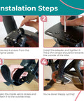 Installation steps for toe cages for Peloton bike, showing screw removal, adapter fitting, velcro strap use, and completed setup.