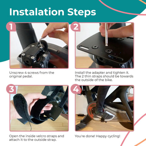 Installation steps for toe cages for Peloton bike, showing screw removal, adapter fitting, velcro strap use, and completed setup.