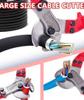 Professional Heavy Duty Cable Cutters 14 Inch Wire Snips Built Like A Tank Using Premium Chrome Vanadium Steel Cuts Thick Copper And Aluminum Core Cables No Sweat Required Bright Red Finish cutting through thick cables.
