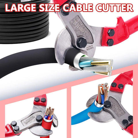 Professional Heavy Duty Cable Cutters 14 Inch Wire Snips Built Like A Tank Using Premium Chrome Vanadium Steel Cuts Thick Copper And Aluminum Core Cables No Sweat Required Bright Red Finish cutting through thick cables.