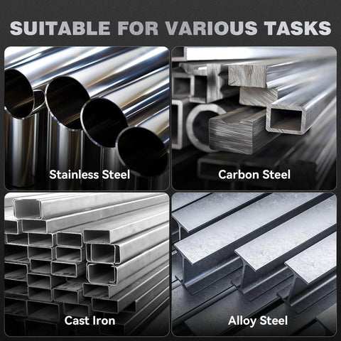 Various types of metal rods: stainless steel, carbon steel, cast iron, and alloy steel suitable for welding tasks.
