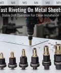 Six Piece Electric Drill Rivet Nut Mandrel Adapter Kit With Manual Hex Shaft For Bolt Insertion In Auto Work, Building, Furniture Fixing And Aviation Jobs. M3-M10 steel adapters for metal sheets.