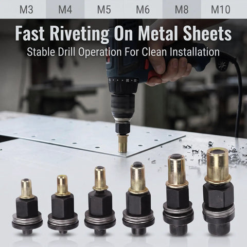 Six Piece Electric Drill Rivet Nut Mandrel Adapter Kit With Manual Hex Shaft For Bolt Insertion In Auto Work, Building, Furniture Fixing And Aviation Jobs. M3-M10 steel adapters for metal sheets.