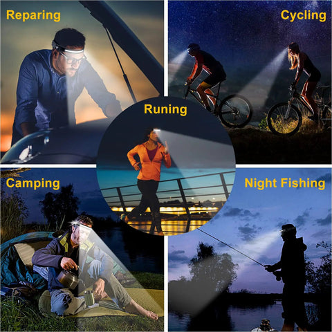 Collage of 2 Pack Led Headlamp With Rechargeable Batteries Rad 230 Wide Beam Motion Sensor for various outdoor activities