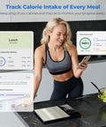 Woman using Smart Nutrition Food Scale With App, 1g Precision Digital Kitchen Scale for Tracking Calories and Nutrients in kitchen.