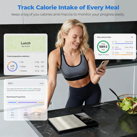 Woman using Smart Nutrition Food Scale With App, 1g Precision Digital Kitchen Scale for Tracking Calories and Nutrients in kitchen.