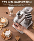 Slick Single Dose Espresso Grinder Featuring Variable Speed Stepless Control And A 64 Mm Titanium Flat Burr, showcasing adjustable settings for coffee.
