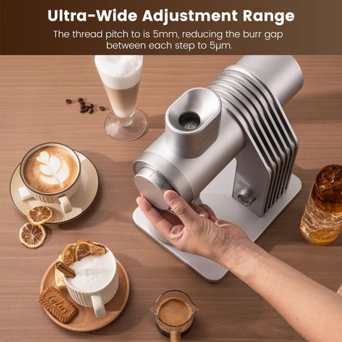 Slick Single Dose Espresso Grinder Featuring Variable Speed Stepless Control And A 64 Mm Titanium Flat Burr, showcasing adjustable settings for coffee.