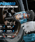 Cordless Half Inch Impact Wrench With 1600 Newton Meters Torque Brushless High Torque Pro Grade Power Tool 21V 3800 RPM Includes Two 4Ah Batteries Great For Cars Trucks RVs And Mowers shown in use on a vehicle wheel.