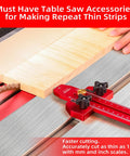 Thin Rip Jig Table Saw Guide for Quick Repetitive Narrow Strip Cuts, Anti Kickback Safety, fits standard T and U slots.