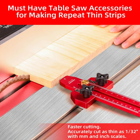 Thin Rip Jig Table Saw Guide for Quick Repetitive Narrow Strip Cuts, Anti Kickback Safety, fits standard T and U slots.