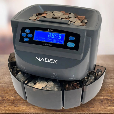 Efficient Coin Counter Sorter And Wrapper Machine That Counts, Sorts And Wraps Up To 300 Coins Per Minute With 48 Preformed Gray Wrappers