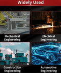 Widely used in mechanical, electrical, construction, and automotive engineering; four illustrated scenes of industrial applications.
