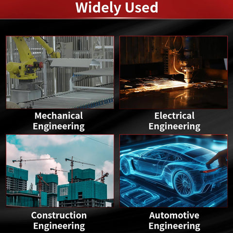 Widely used in mechanical, electrical, construction, and automotive engineering; four illustrated scenes of industrial applications.