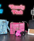 Group of handbags and sunglasses on a surface with neon signs reading Sky Blue, Candy Pink, Jet Black.