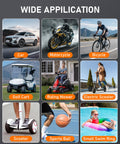 Collage showing various applications of Cordless Tire Inflator Portable Air Compressor With 150 PSI Auto Shutoff LED Light.