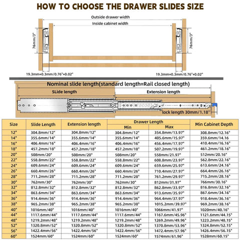 Size chart and dimensions guide for Heavy Duty Drawer Slides With Lock, 500 Lb Capacity, Full Extension Ball Bearing, Side Mount Rails