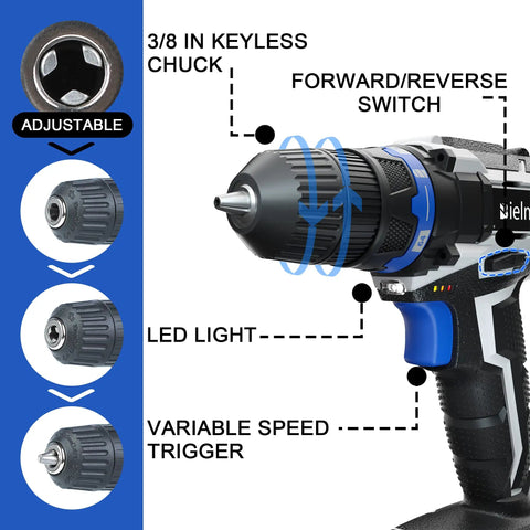 Close-up of Beast Of A 20V Max Cordless Drill Set detailing keyless chuck and LED light with speed settings