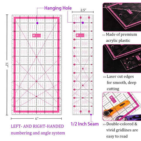 Rotary Cutter Set With 45mm And 28mm Fabric Cutters, quilting rulers with hanging hole and seam guide, acrylic material