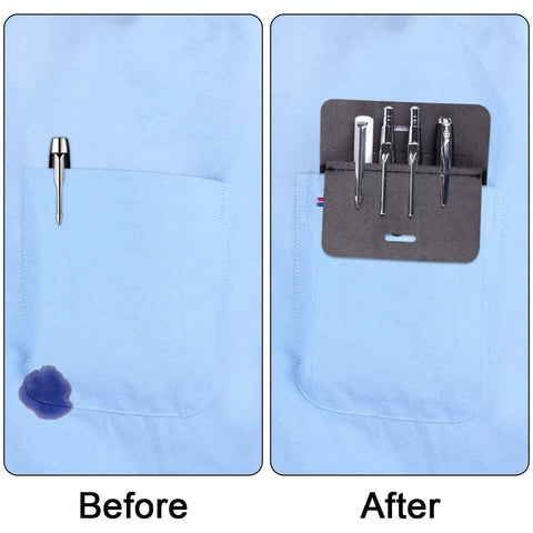 Before and after using Pocket Protector Pen Holder Pouch 3 Pack Heavy Duty PU Leather Multi Purpose Clip for shirts.