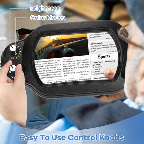 Person using a 10X Rectangle Magnifying Glass With Light And Stand For Close Work And Reading Hands Free LED Desk Lamp With Clamp Real Glass Lens 10X Magnification 5 Color Modes Stepless Dimmable 2 In 1 Lighted Magnifier Desk Lamp to read a newspaper, highlighting its brightness and color modes with control knobs visible.