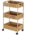 Three Tier Water Hyacinth Rolling Cart With Wheels Handwoven Utility Storage Rack for Kitchen Laundry Nursery and Bath
