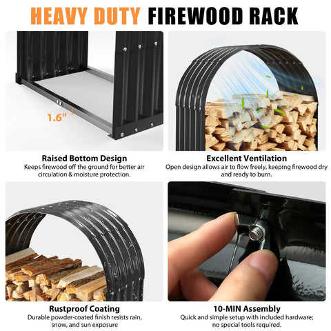 Heavy Duty Firewood Rack With Top Cover For Indoor Outdoor Use, 700 Lbs Capacity, Waterproof Galvanized Steel Log Holder features