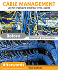 Before and after of cable management using Beefy Heavy Duty Black Cable Zip Ties 12 Inch 1200 Pack Nylon 66 Tie Wraps.
