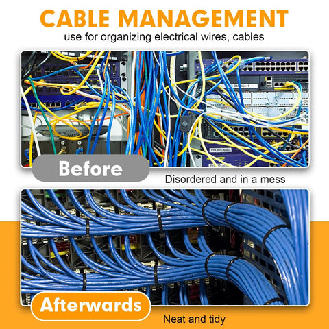 Before and after of cable management using Beefy Heavy Duty Black Cable Zip Ties 12 Inch 1200 Pack Nylon 66 Tie Wraps.