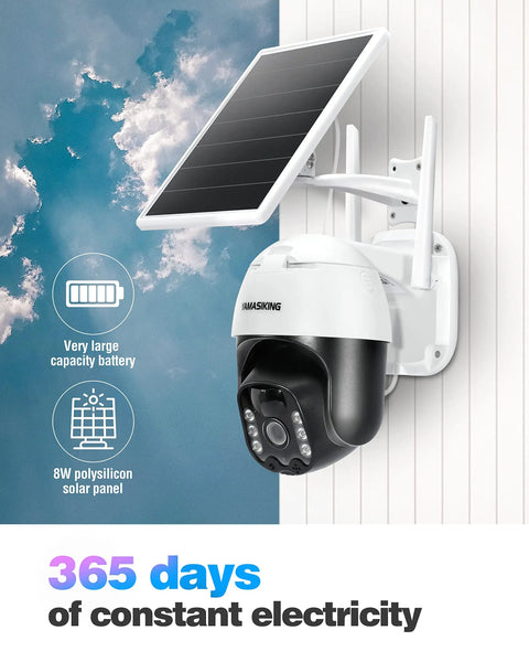 Solar Powered Wireless Outdoor Security Camera 3MP 2K Ultra HD with solar panel and battery illustration on wall mount