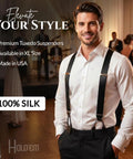 Formal Black 100 Percent Silk Tuxedo Suspenders For Men Button Suspenders Made In USA Wedding Ready Adjustable Regular And Tall Sizes For The Perfect Fit And Sharp Look For A Clean Premium Vibe. Man wearing black silk tuxedo suspenders with white dress shirt