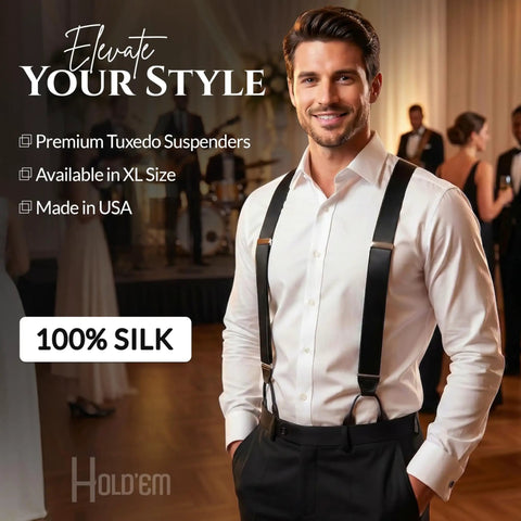 Formal Black 100 Percent Silk Tuxedo Suspenders For Men Button Suspenders Made In USA Wedding Ready Adjustable Regular And Tall Sizes For The Perfect Fit And Sharp Look For A Clean Premium Vibe. Man wearing black silk tuxedo suspenders with white dress shirt