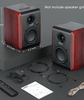Powered Bluetooth Bookshelf Speakers With 3.75 Inch Woofer, 30W Per Channel, shown with accessories included