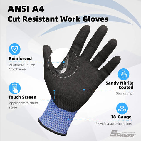Ultra Lightweight Cut Resistant Work Gloves Air Skin AR3900 For Fishing Gardening Mechanic And DIY Tasks 3D Comfort Fit With Touch Screen Compatibility Non PFAS Strong Grip Includes 2 Pairs Size Large, black glove with blue cuff, reinforced thumb crotch, sandy nitrile coating.