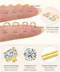 Fire Upgraded 18G Titanium Gold Nose Studs And Corkscrew Piercing Rings showing different sizes of jewelry on a fingertip.