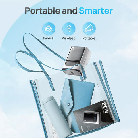 Portable Bluetooth Label Printer With Tape For No Sweat Home Organization Seamless Mobile App Sync Smooth Vanilla Finish in a bag.