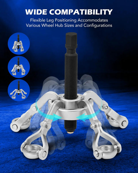 Beefy Heavy Duty Wheel Hub Puller Kit With Hydraulic Ram And Adjustable Hooks For Cars Trucks And Large Vehicles showing flexible legs