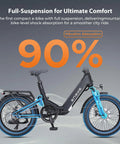 Electric bike with blue suspension, showcasing full-suspension comfort, promoting vibration absorption on a grey background.