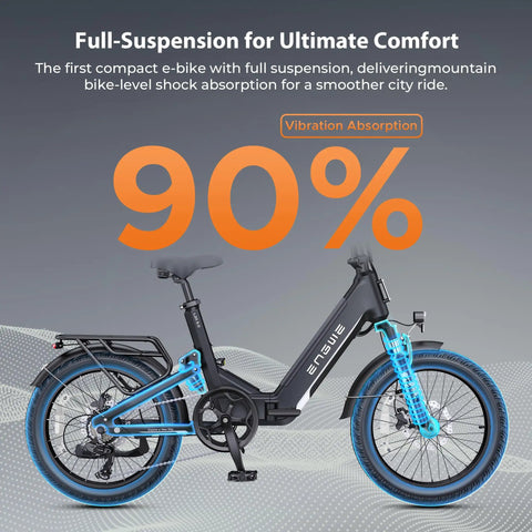 Electric bike with blue suspension, showcasing full-suspension comfort, promoting vibration absorption on a grey background.