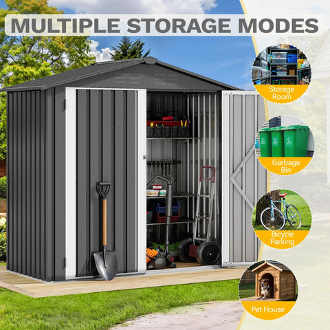 6x4 Ft Metal Outdoor Shed With Lockable Doors, Oversized Steel Tool Storage For Backyard, Sloped Roof, Dark Gray