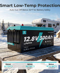 12V 300Ah LiFePO4 battery with low-temp protection in snowy RV and camping setting, 200A BMS visible
