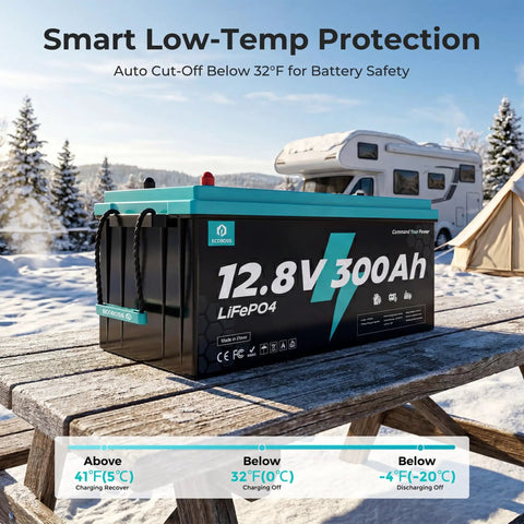 12V 300Ah LiFePO4 battery with low-temp protection in snowy RV and camping setting, 200A BMS visible
