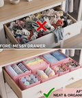 8 Pack Fabric Drawer Organizer Bins with Versatile Multi Size Storage Cubes for Clothing and Gear to Declutter Your Dresser Effortlessly shown in neat drawer.