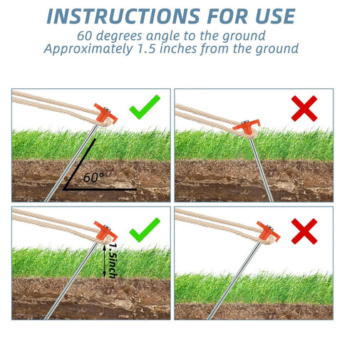Instructions for using Heavy Duty Tent Stakes 40 Pack, 10 Inch Galvanized Metal Tent Pegs For Outdoor Camping at a 60-degree angle.