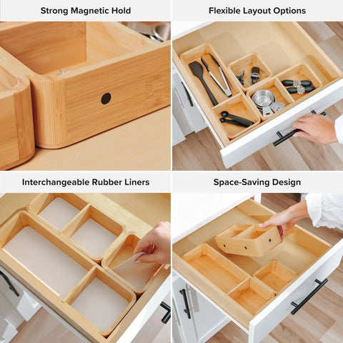 Modular Bamboo Drawer Organizer Set With Magnetic Containers And Removable Inserts for kitchen drawer storage, 9x13.5x2.4 inches