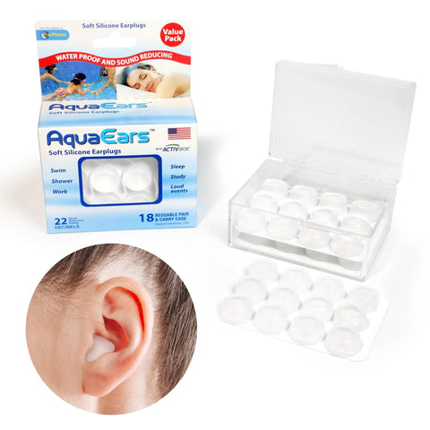 Soft Moldable Silicone Earplugs For Sleep And Swim, 18 Pairs, Waterproof And Noise Reducing, Helps Prevent Swimmer's Ear, Clear, Made In Vermont