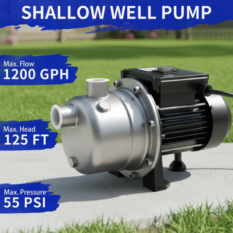 Half Horsepower Shallow Well Pump With 1200 GPH Flow, stainless steel body, on concrete slab, for home yard garden lawn use.