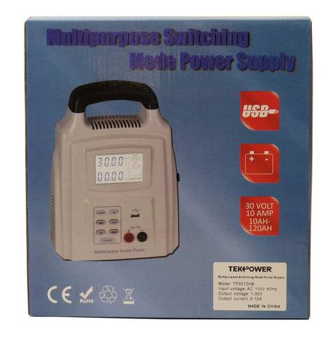 Box of 2 In 1 Adjustable DC Power Supply And Battery Charger 0 To 30V 0 To 10A with 5V USB Output, large LCD display visible